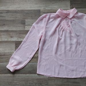Pink 80s Vintage Blouse Sheer Flowy Embroidered High Neck